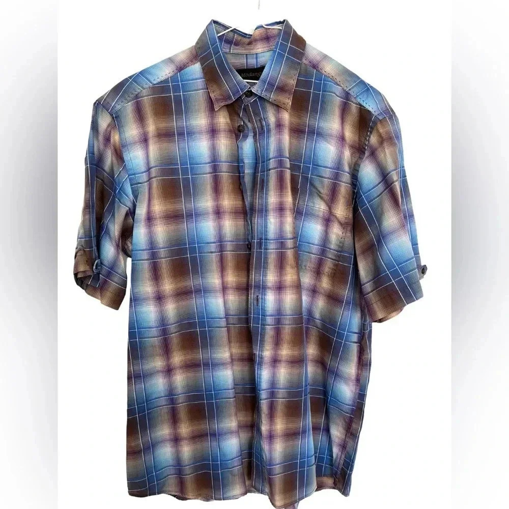 Modango Blue and Brown Plaid Shirt  size medium
